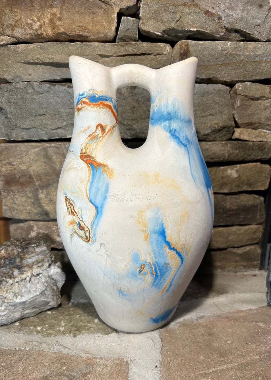 Vintage NEMADJI American Pottery Wedding Vase 11” Tall Blue Rust made in USA